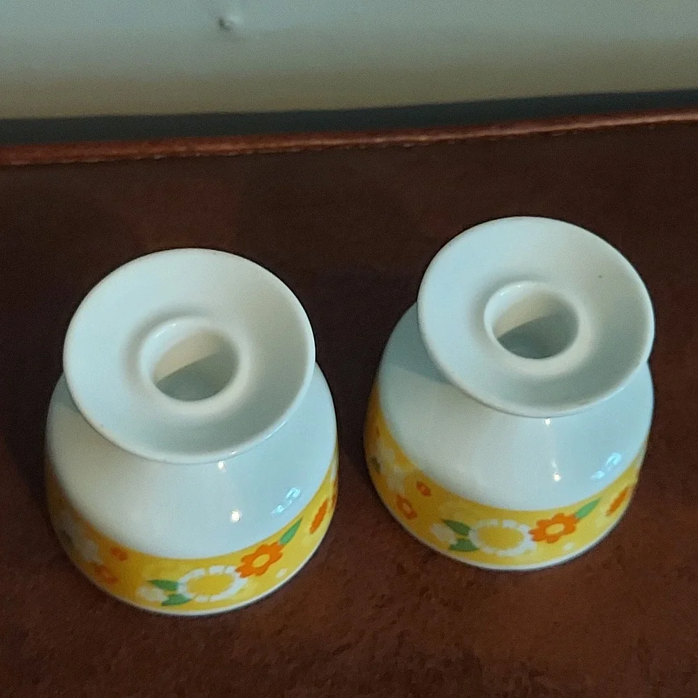 Vintage 70s Floral Ceramic Taper Candle Holder Set Yellow Orange Flower Power 3